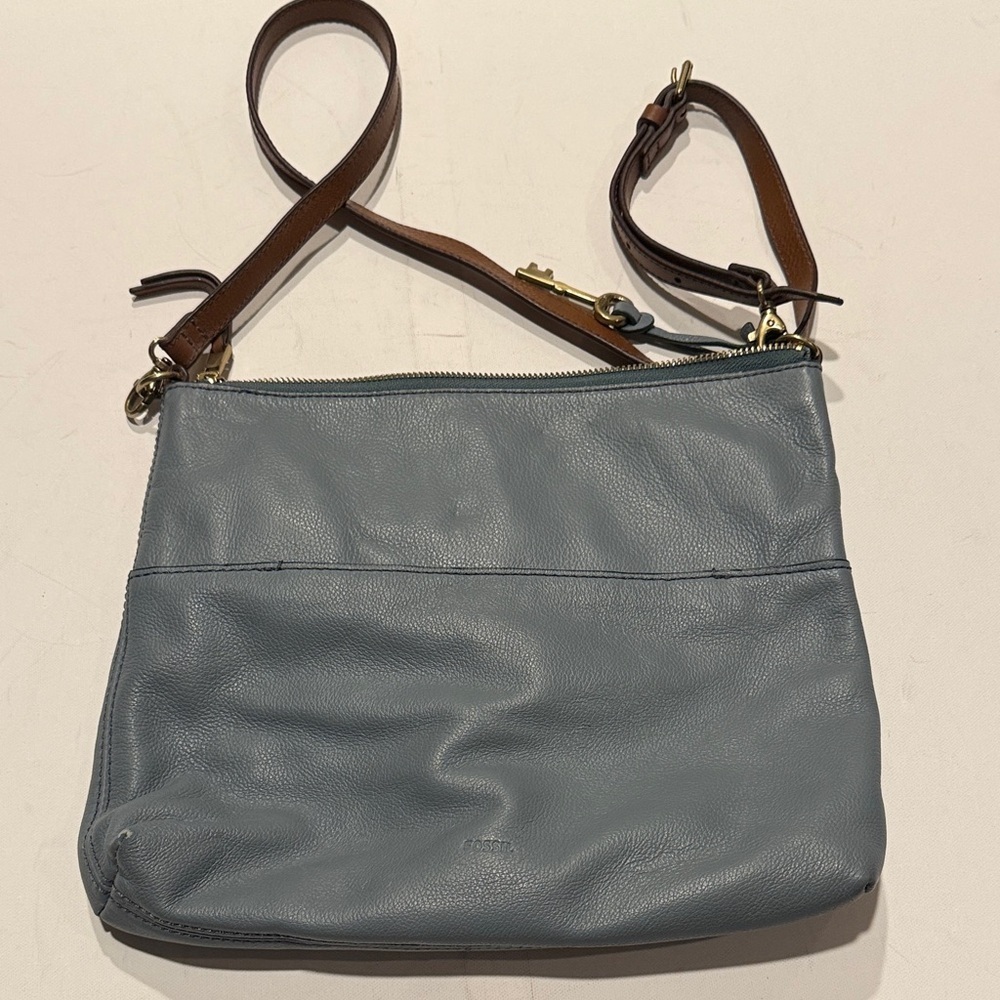 Fossil Blue and Brown Leather Crossbody Bag